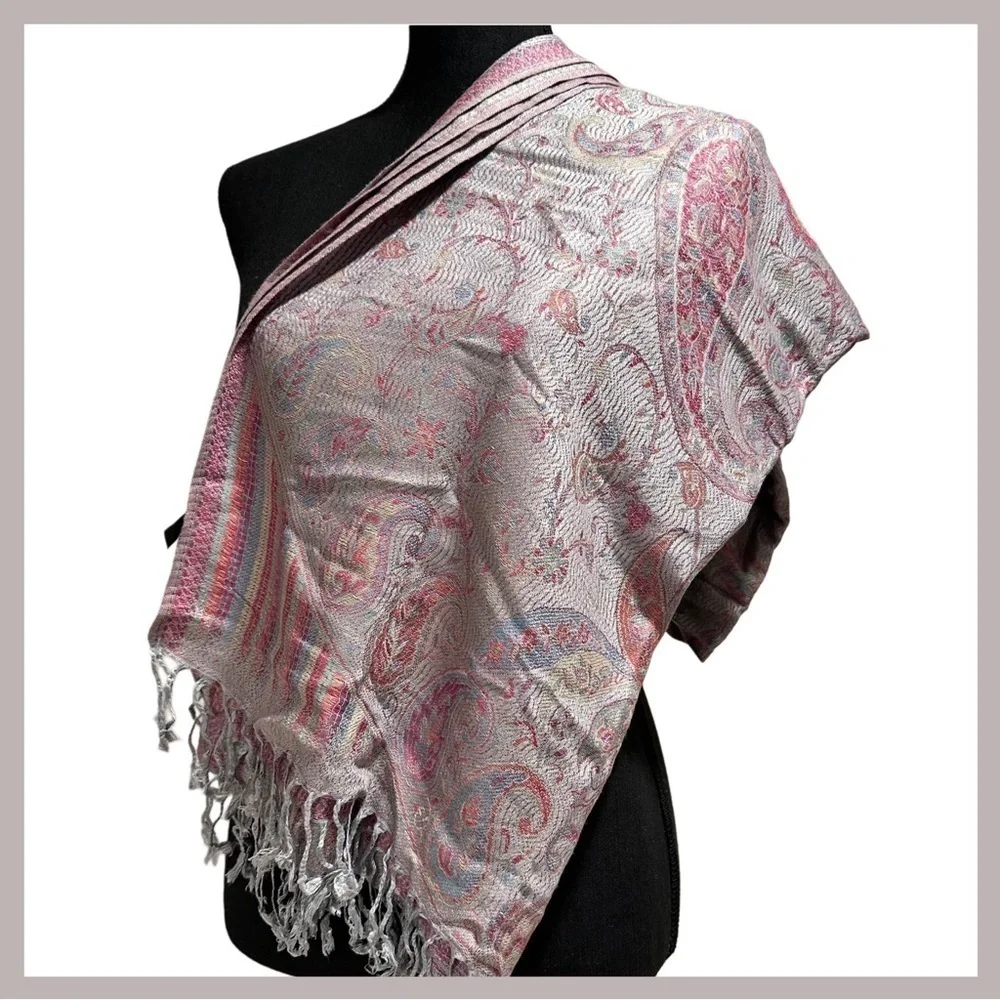 Elegant Shawl in Silver & Pink Paisley- Versatile Wrap, Scarf, Veil Soft Rayon